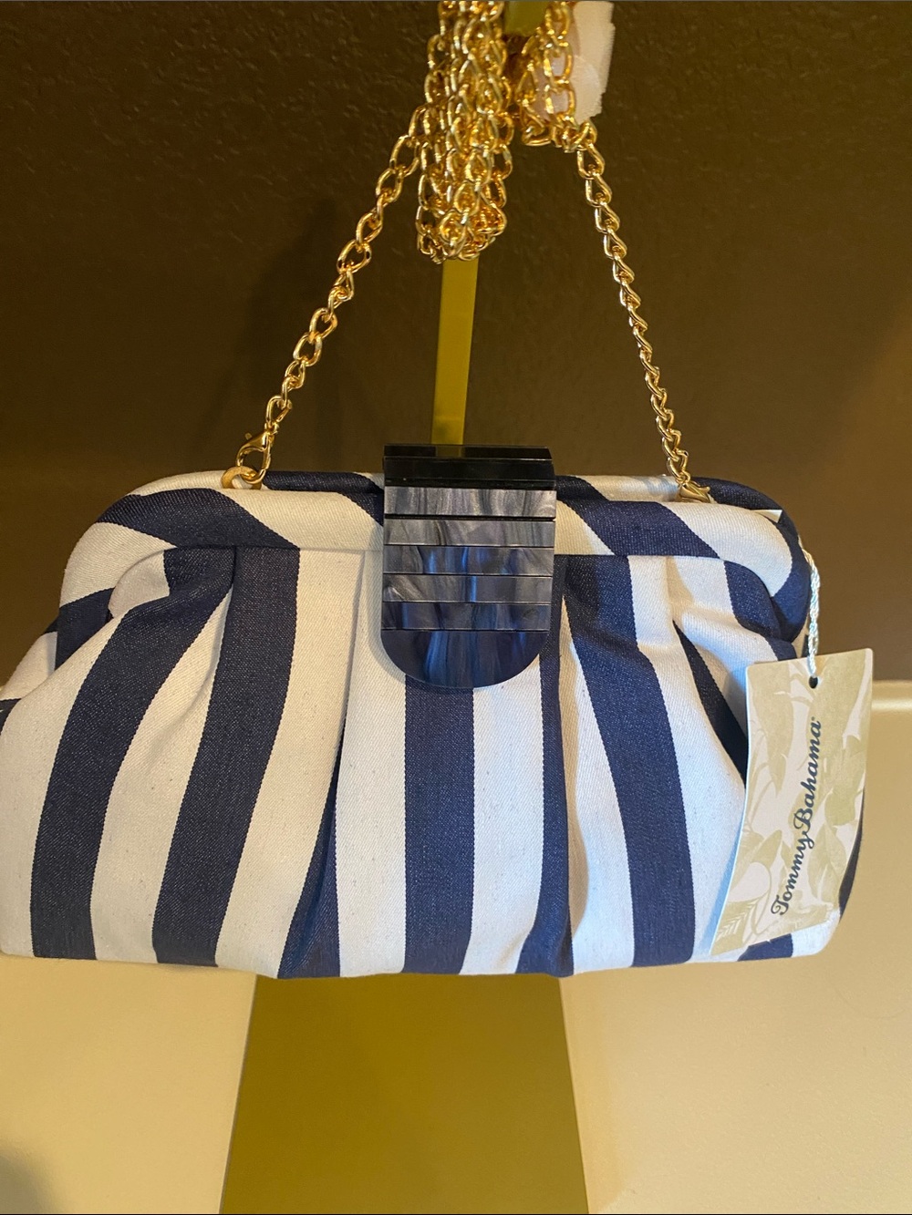 Tommy Bahama Navy and White Striped Chain-Handle Clutch with Gold Chain